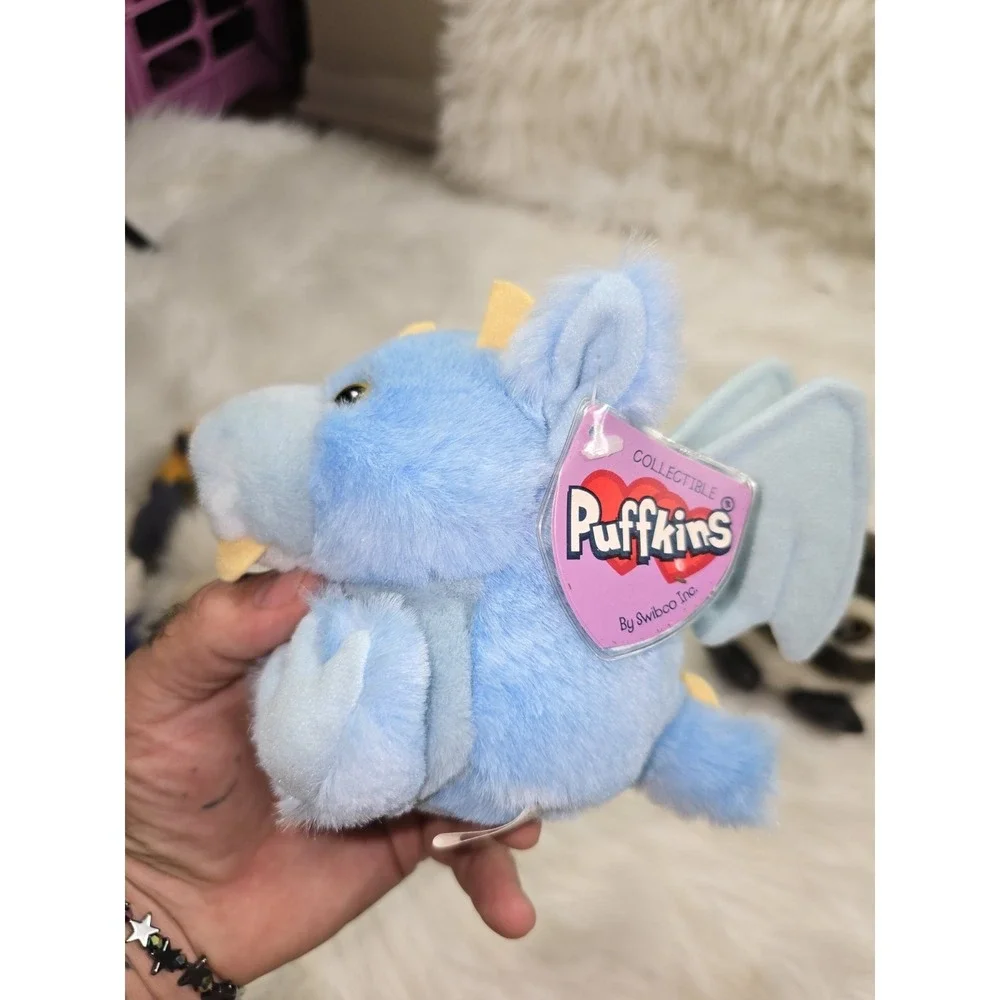 Lot 6 Vintage Swibco Puffkins Enchanted plush with Tags 1990's Owl Wizard Dragon